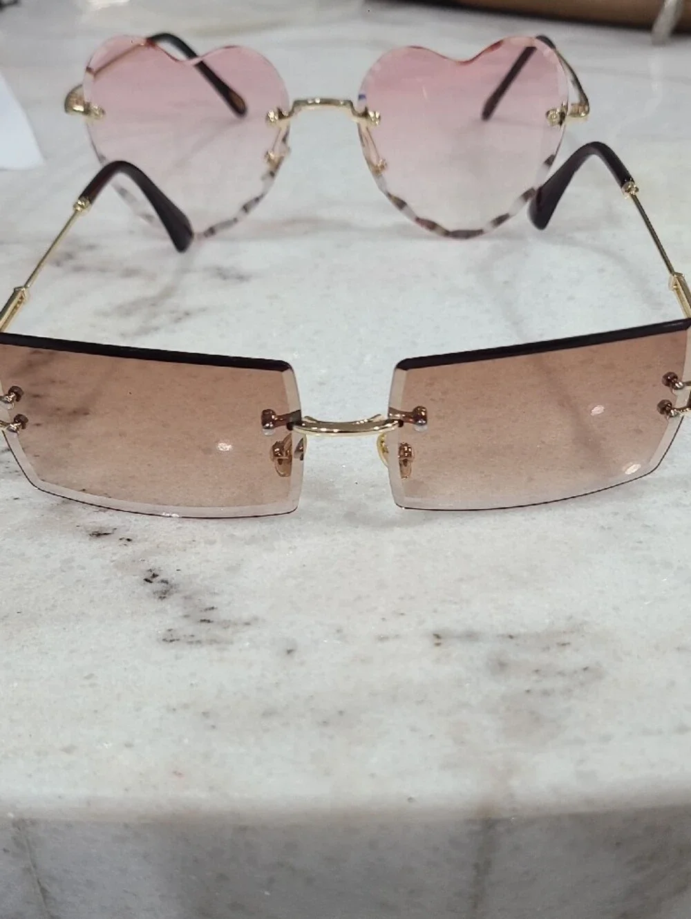 Rimless Heart & Rectangle Sunglasses Set — Pink & Brown